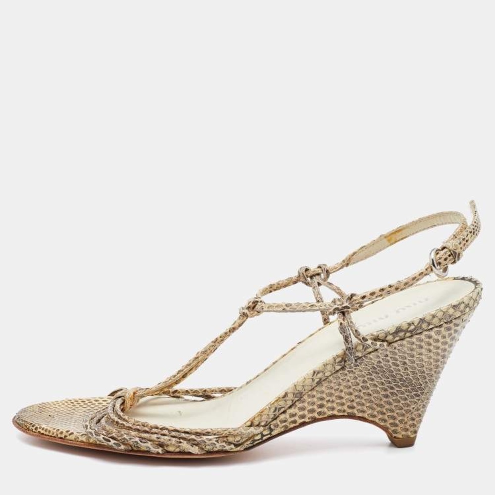 Miu Miu Beige Snakeskin Wedge Sandals
